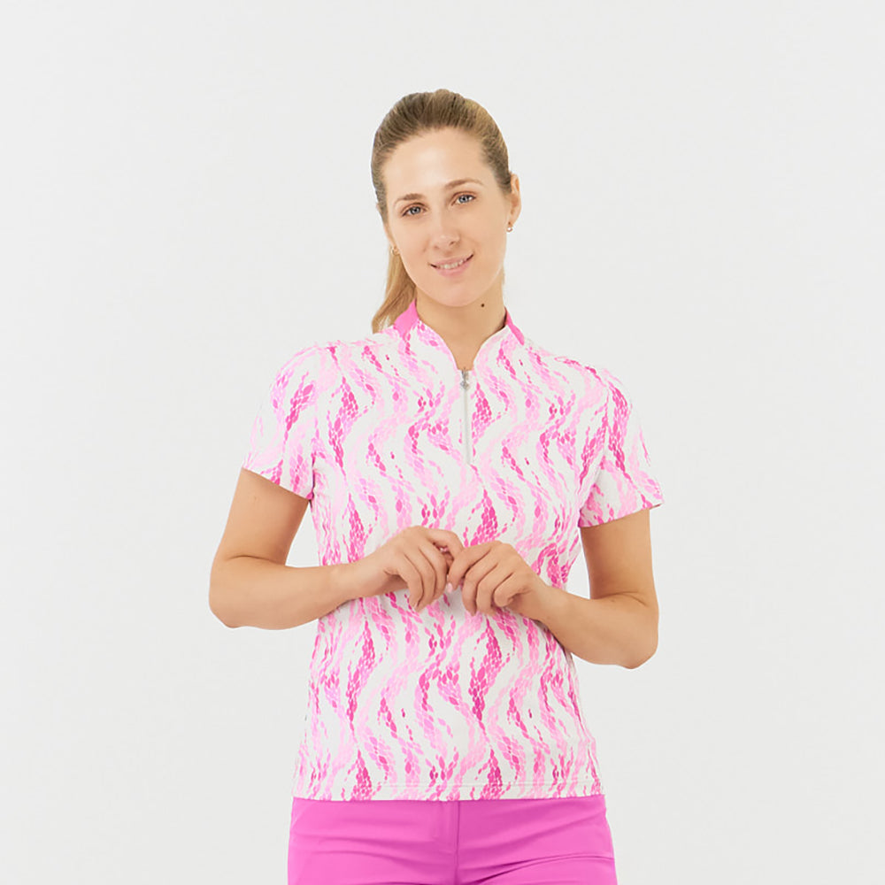 Pure Ladies Short Sleeve Polo with Sweetheart Collar in Petal Print