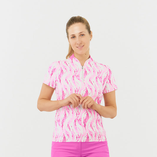 Pure Ladies Short Sleeve Polo with Sweetheart Collar in Petal Print