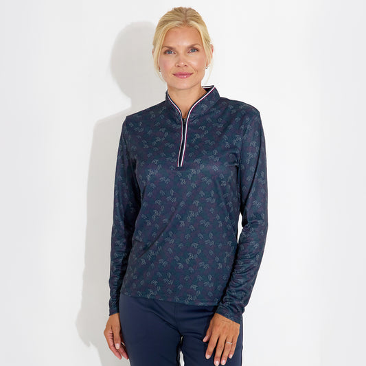 Abacus Ladies Zip-Neck Top with Delicate Leaf Print for Effortless Style & Comfort with Every Swing