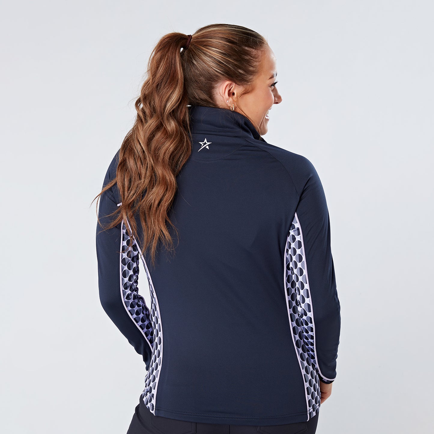 Swing Out Sister Ladies 1/4 Zip Top with Circular Pattern in Navy/Lavender