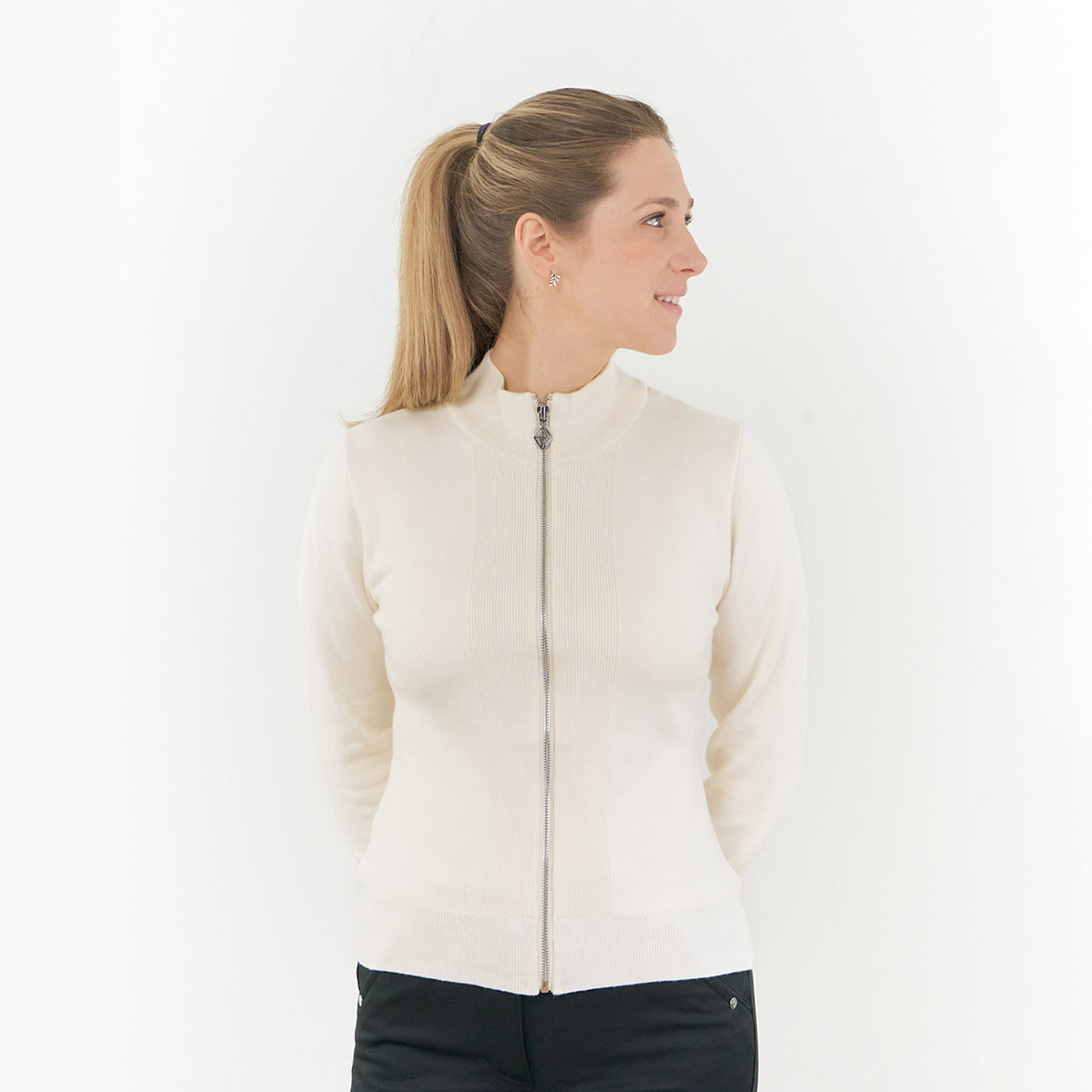 Pure Ladies Full Zip Lined Sweater in Champagne