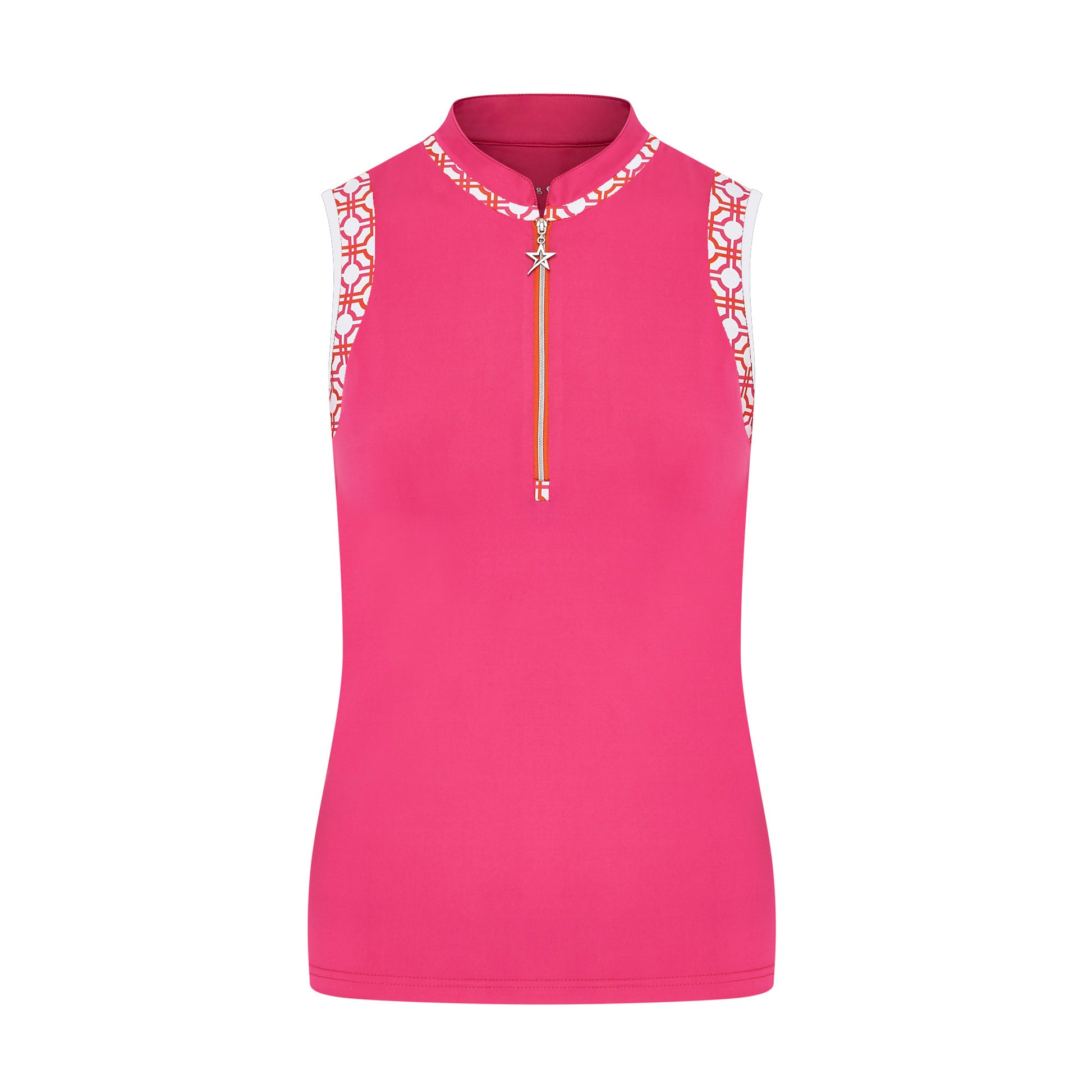 Swing Out Sister Ladies Sleeveless Polo in Lush Pink and Mandarin with Zip-Neck