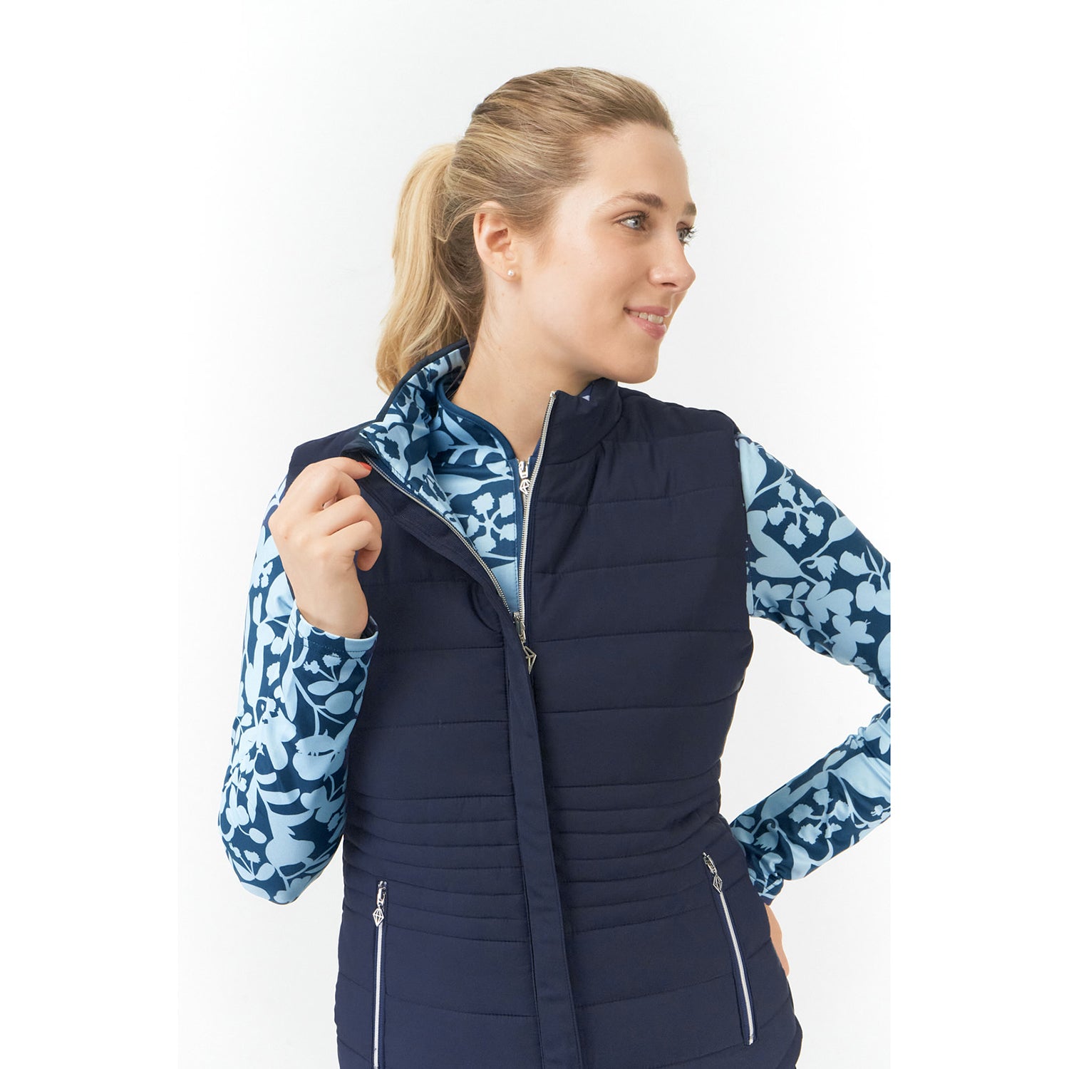 Pure Golf Ladies Reversible Gilet in Navy & Midnight Rose