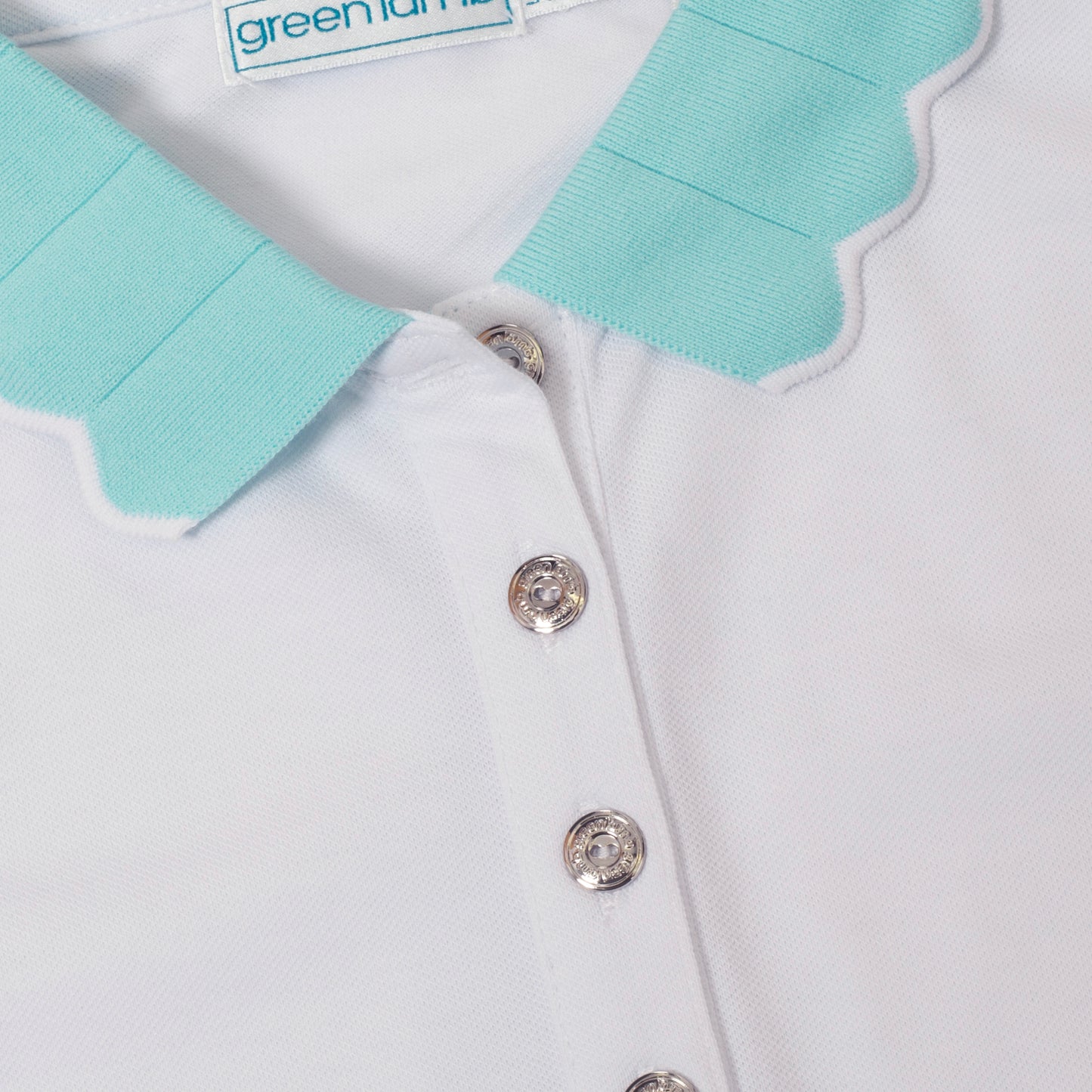 Green Lamb Ladies Short Sleeve Polo with Scalloped Collar in White & Aqua