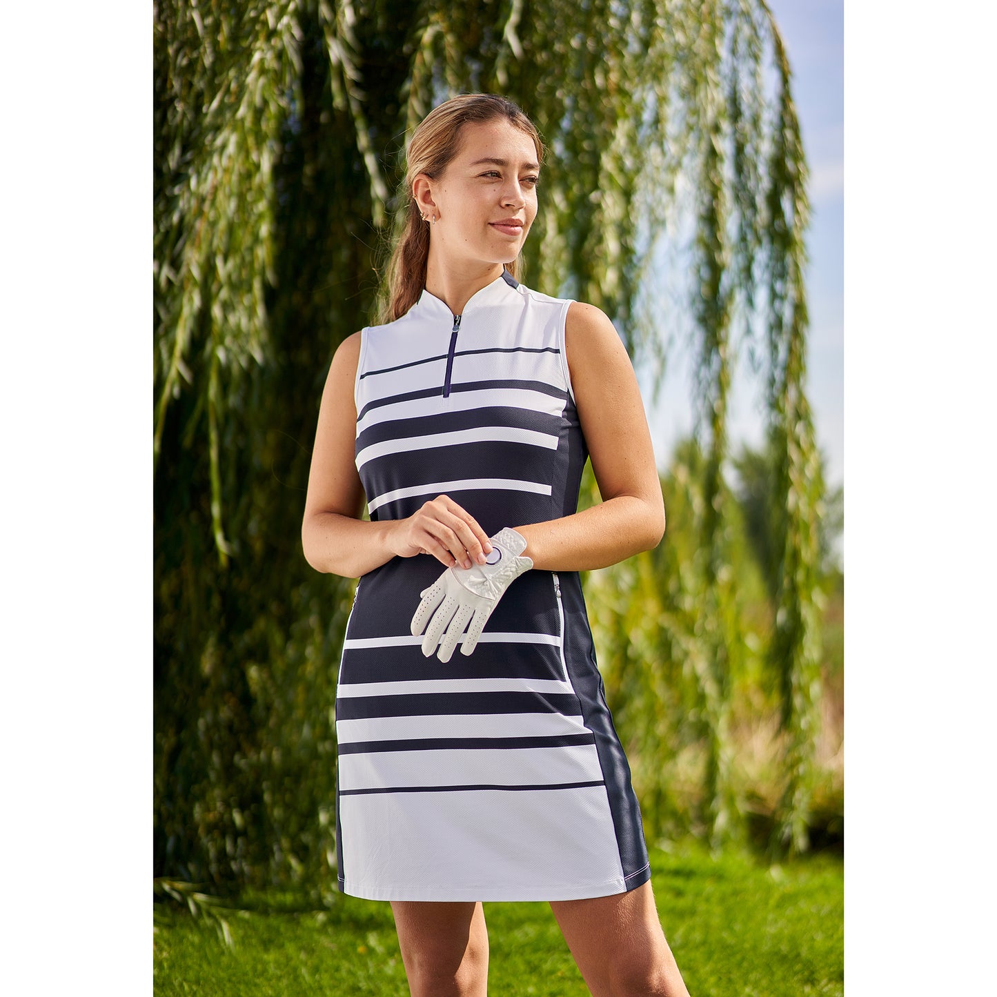 Nivo Ladies Sleeveless Liv-Cool Golf Dress in White & Navy