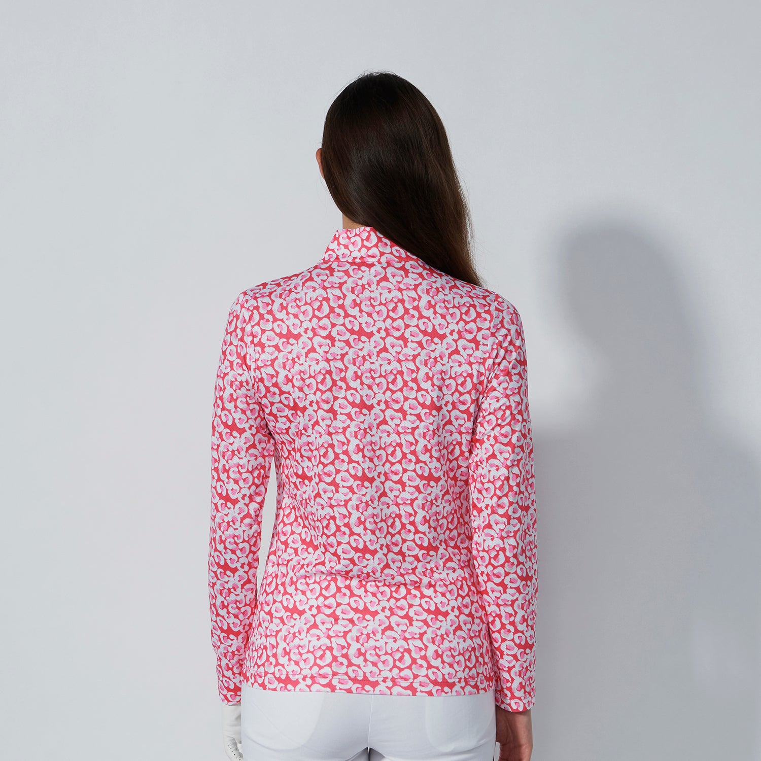 Daily Sports Ladies Long Sleeve Half Zip Top in Coral Leopard Print 