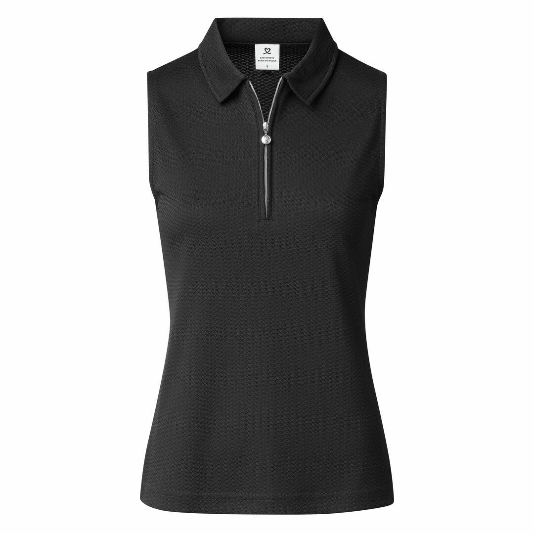 Daily Sports Honeycomb Structured Sleeveless Polo Shirt in Black