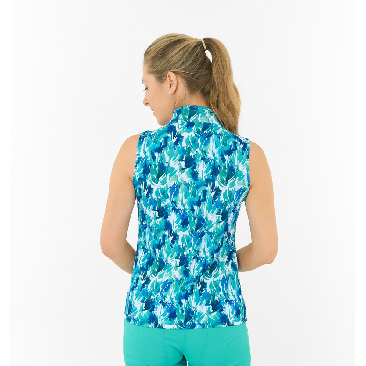  Pure Golf Ladies Sleeveless Polo in Abstract Botanical Print 