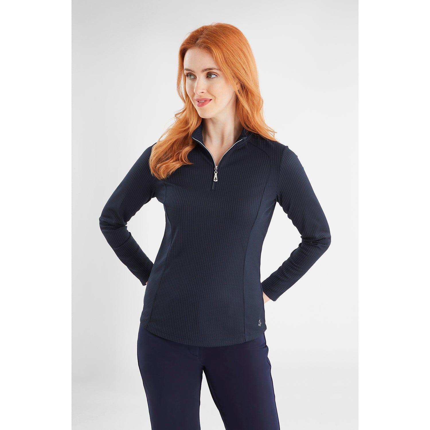 Green Lamb Ladies Navy Waffle Zip-Neck Long Sleeve Top