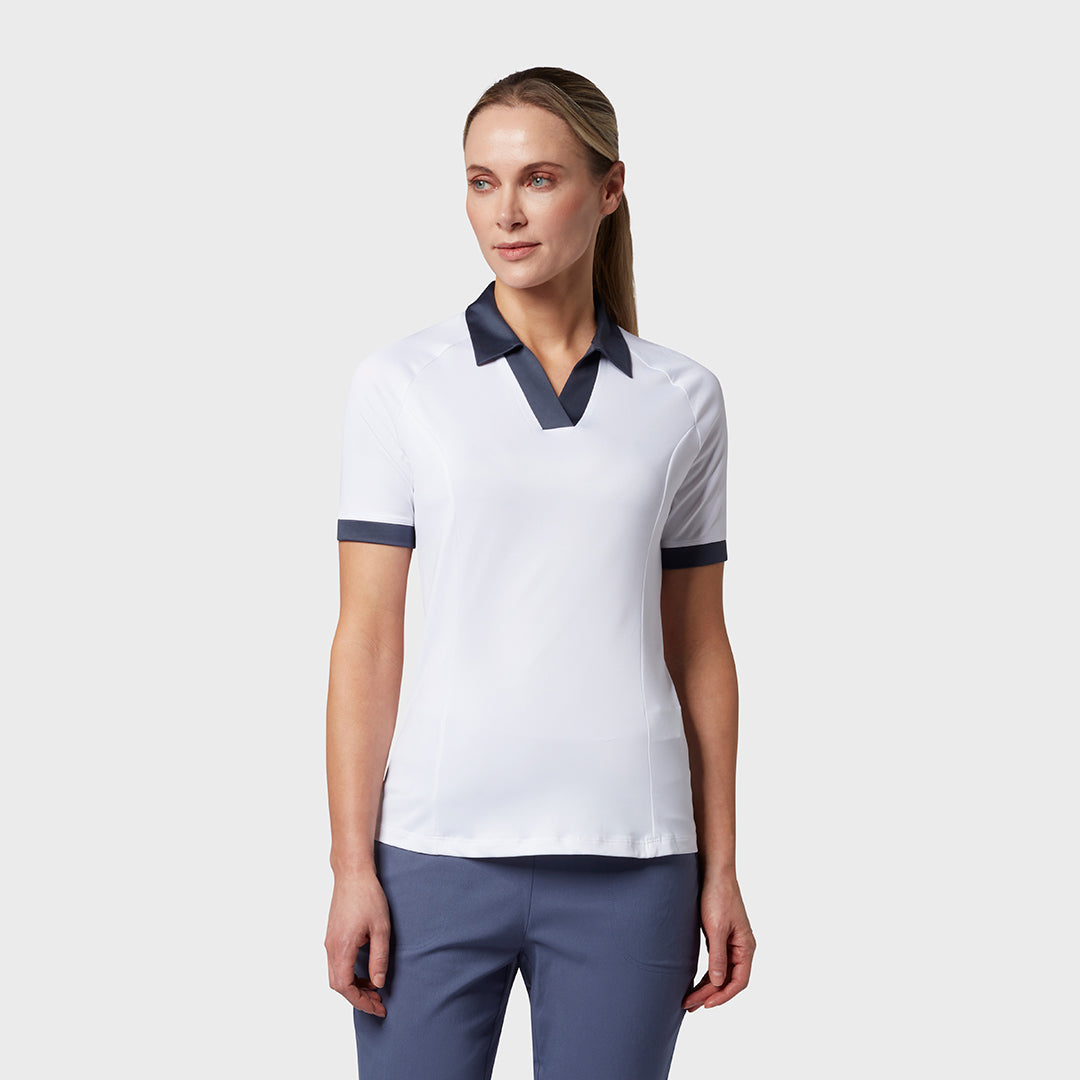 Callaway Ladies Short Sleeve Colour Block Polo Shirt in White & Navy