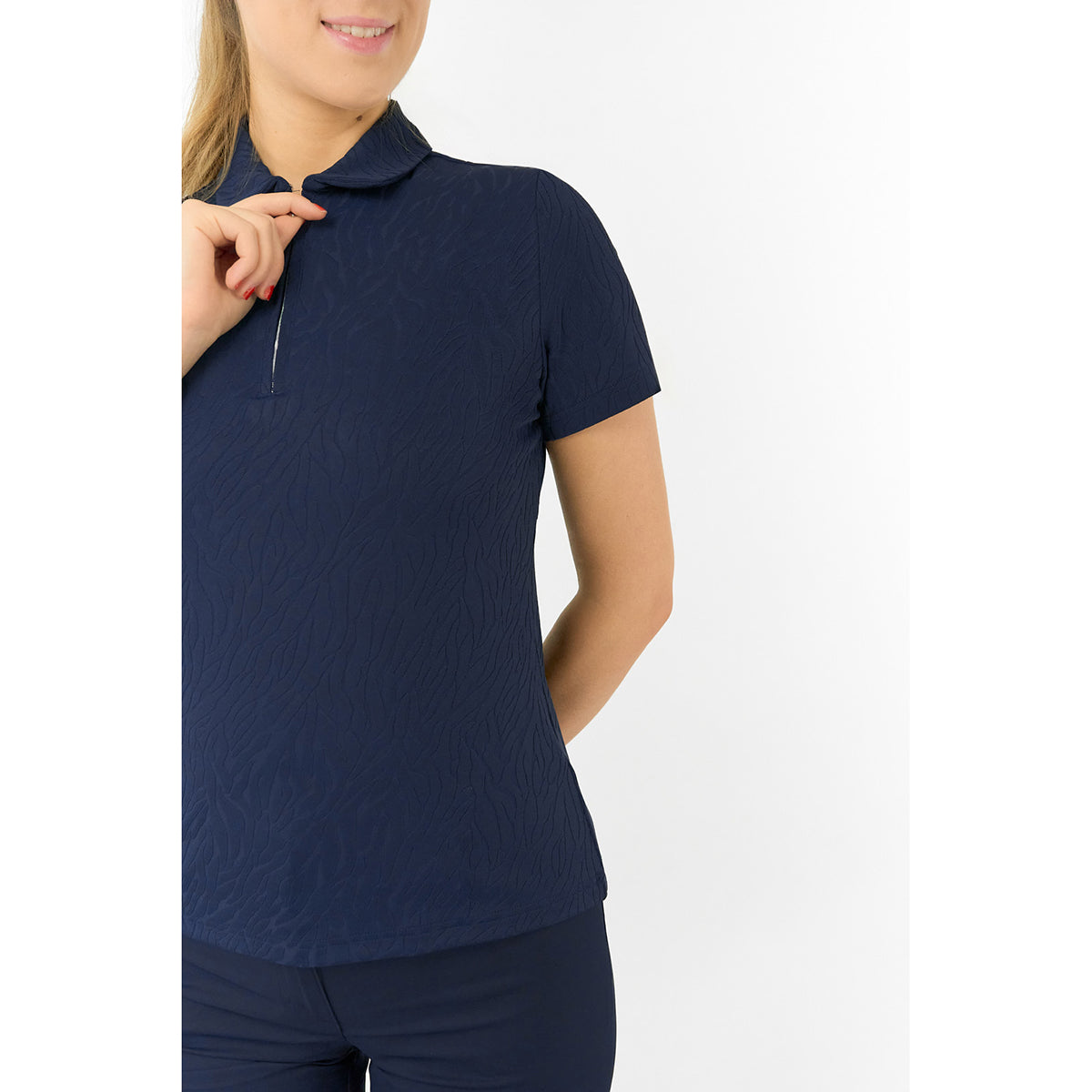 Pure Golf Ladies Short Sleeve Polo in Navy Jacquard Texture for Refined, Effortless Style