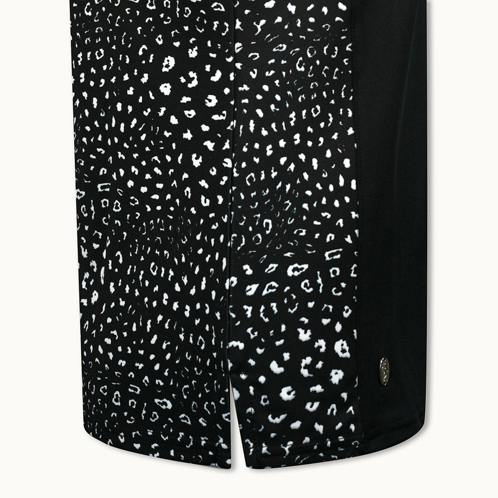 Glenmuir Ladies Sleeveless Polo with Contrast Print Panels in Black/White Animal Print