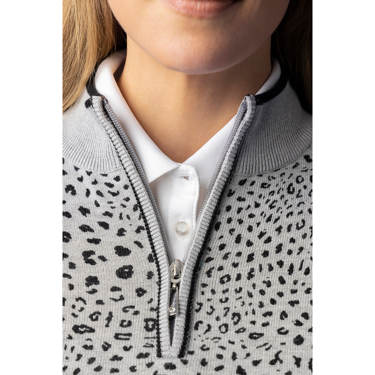 Glenmuir Ladies Long Sleeve Cotton Sweater with Animal Print Detail in White/Navy