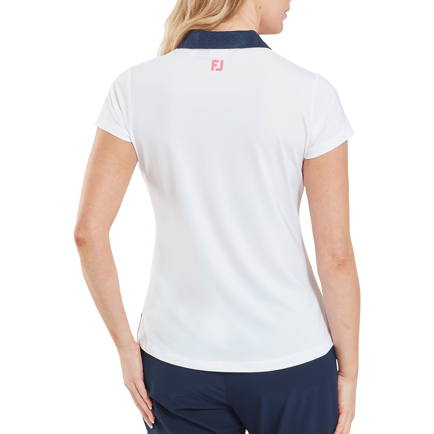 FootJoy Ladies V-Neck Cap Sleeve Polo with Navy Animal Print Trim