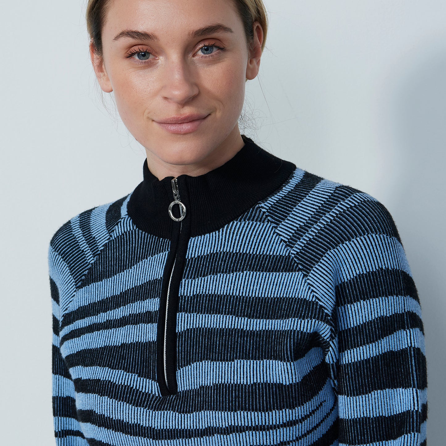 Daily Sports Ladies Zip-Neck Ribbed Knit Sweater with Zebra Stripes in Black