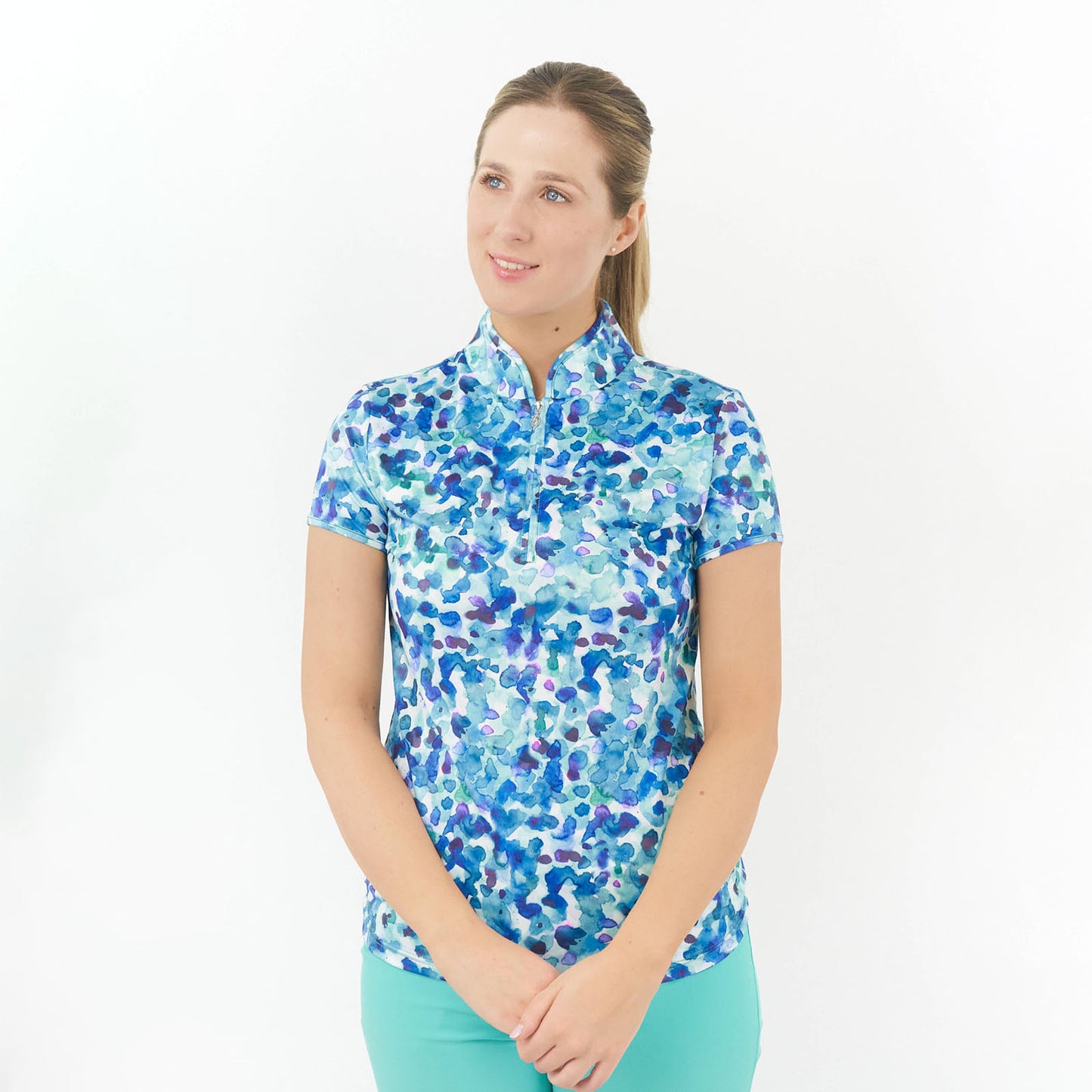 Pure Golf Cap Sleeve Zip Neck Top in Dappled Ocean Print