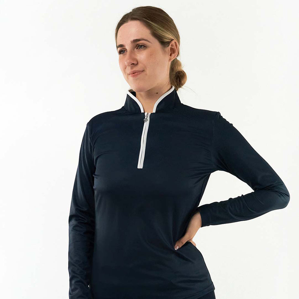 Pure Golf Ladies Bloom Long Sleeve Zip-Up Polo in Navy