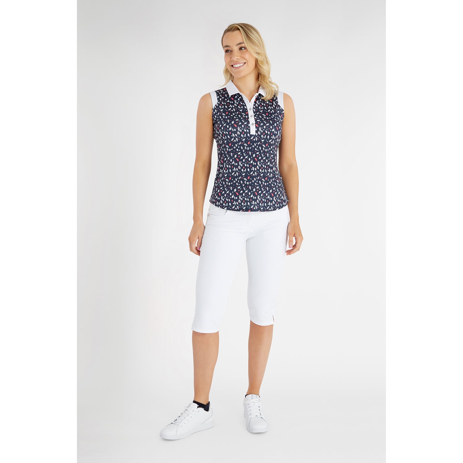 Green Lamb Ladies Sleeveless Leaf Print Polo Shirt