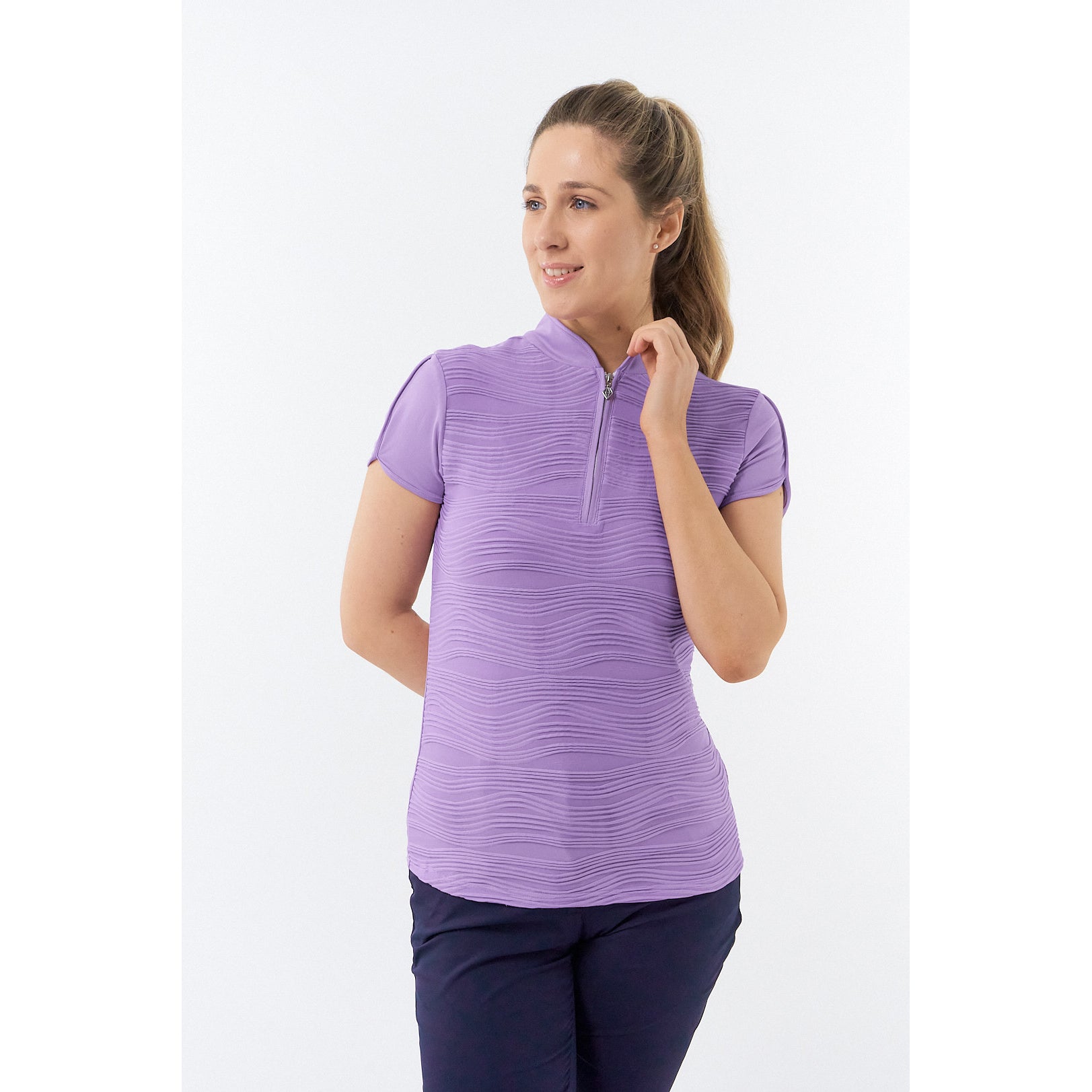 Pure Ladies Textured Wave Print Cap Polo Shirt in Lilac - Last One Medium Only Left