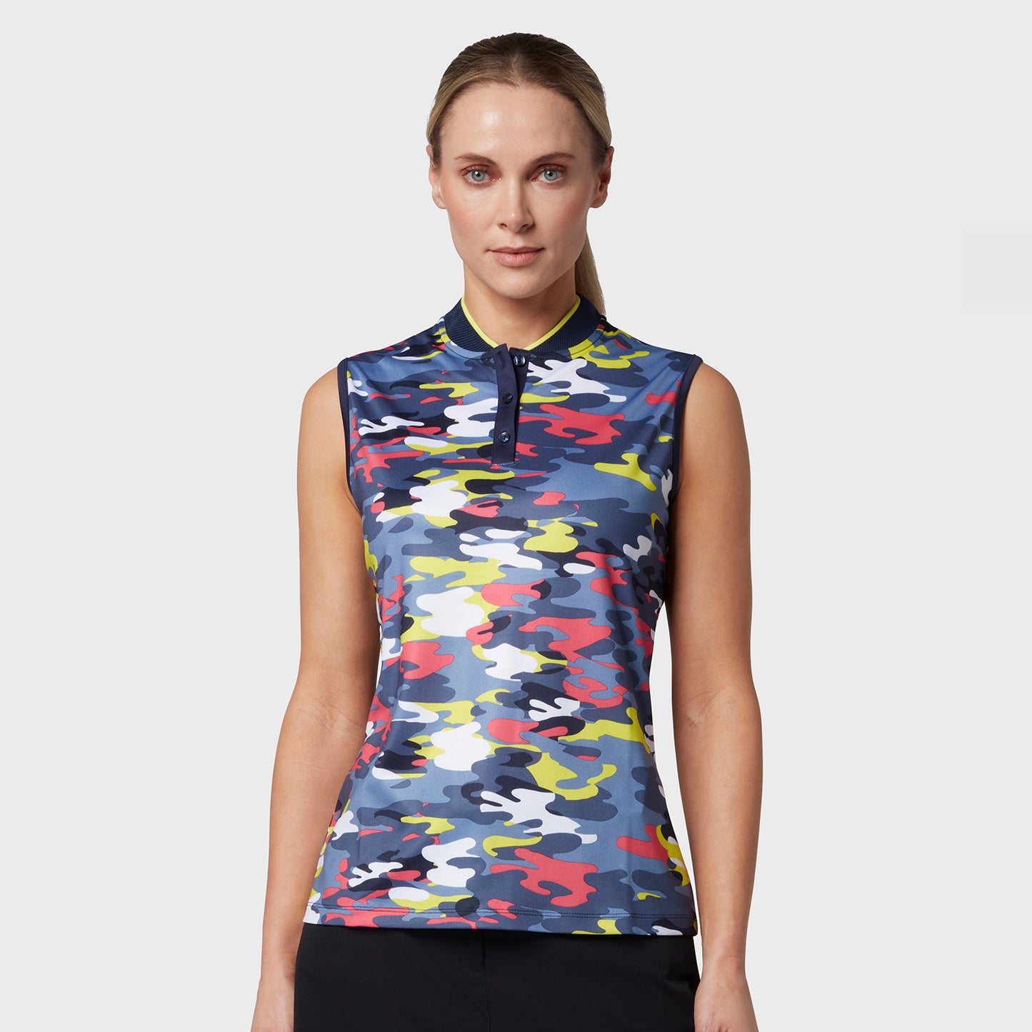 Callaway Ladies Sleeveless Camo Print Polo with Mesh Mock Neck