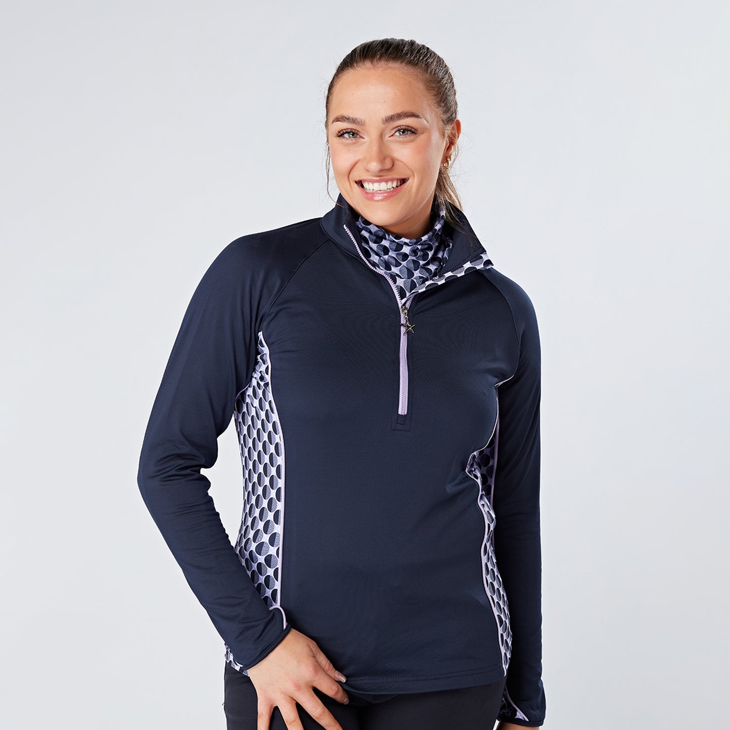 Swing Out Sister Ladies 1/4 Zip Top with Circular Pattern in Navy/Lavender