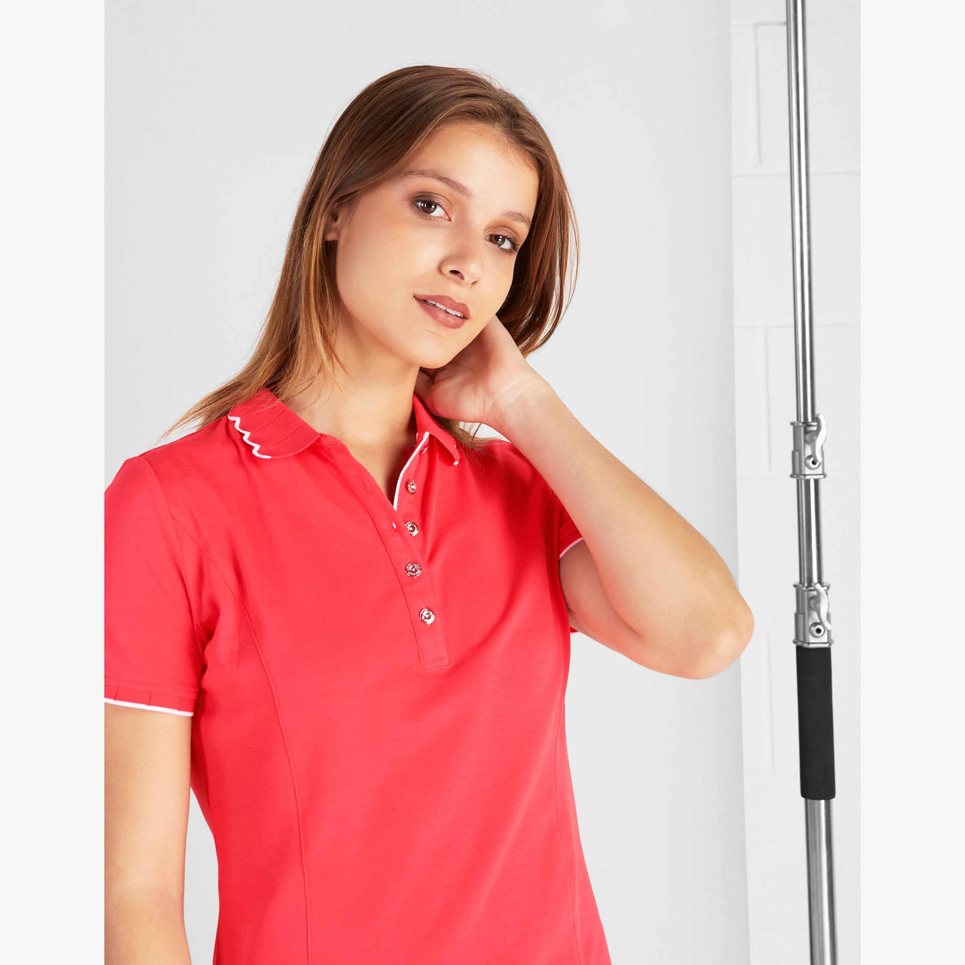 Green Lamb Ladies Short Sleeve Polo with Scalloped Collar in Poppy