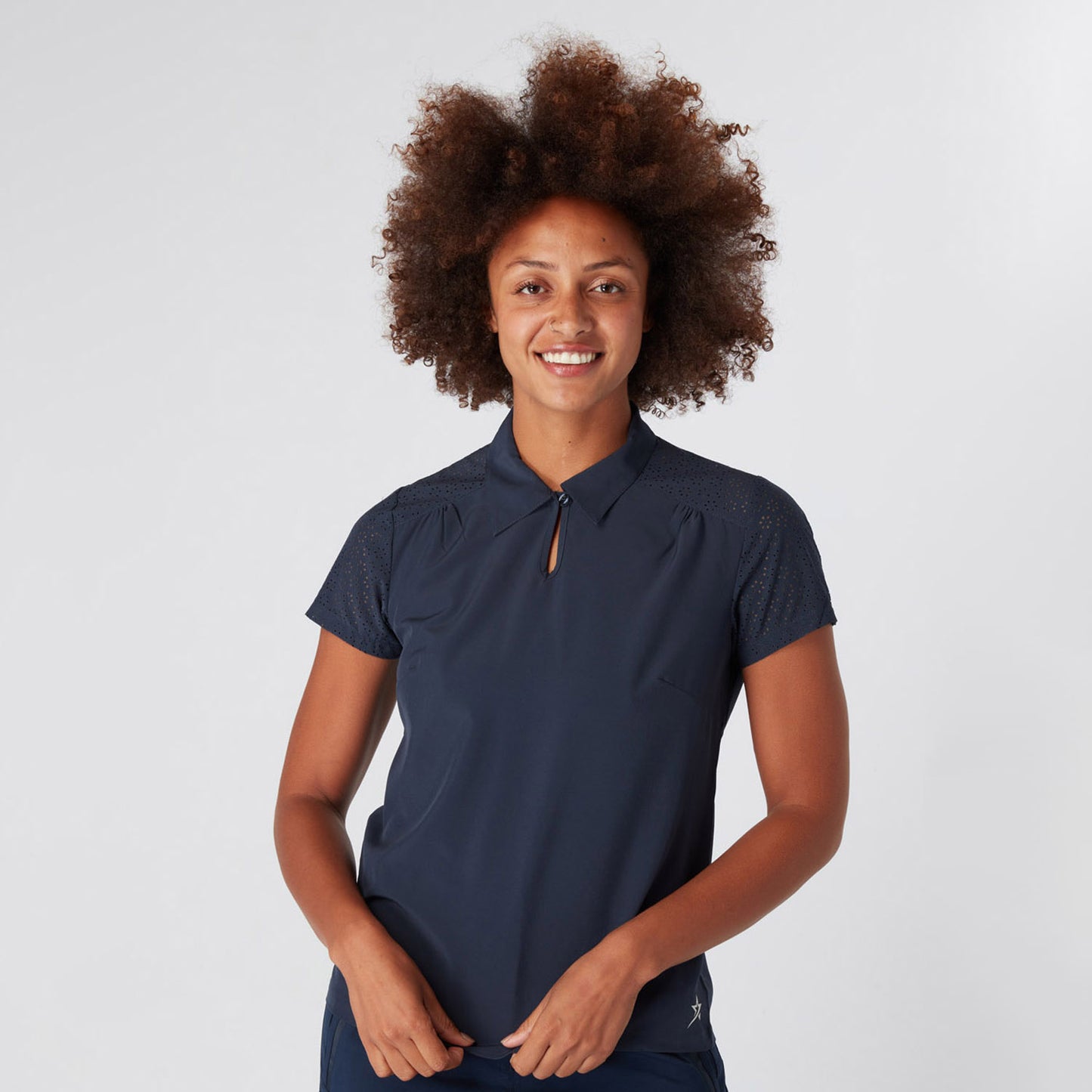 Swing Out Sister LWomen's Laser Print Navy Cap Sleeve Golf Polo