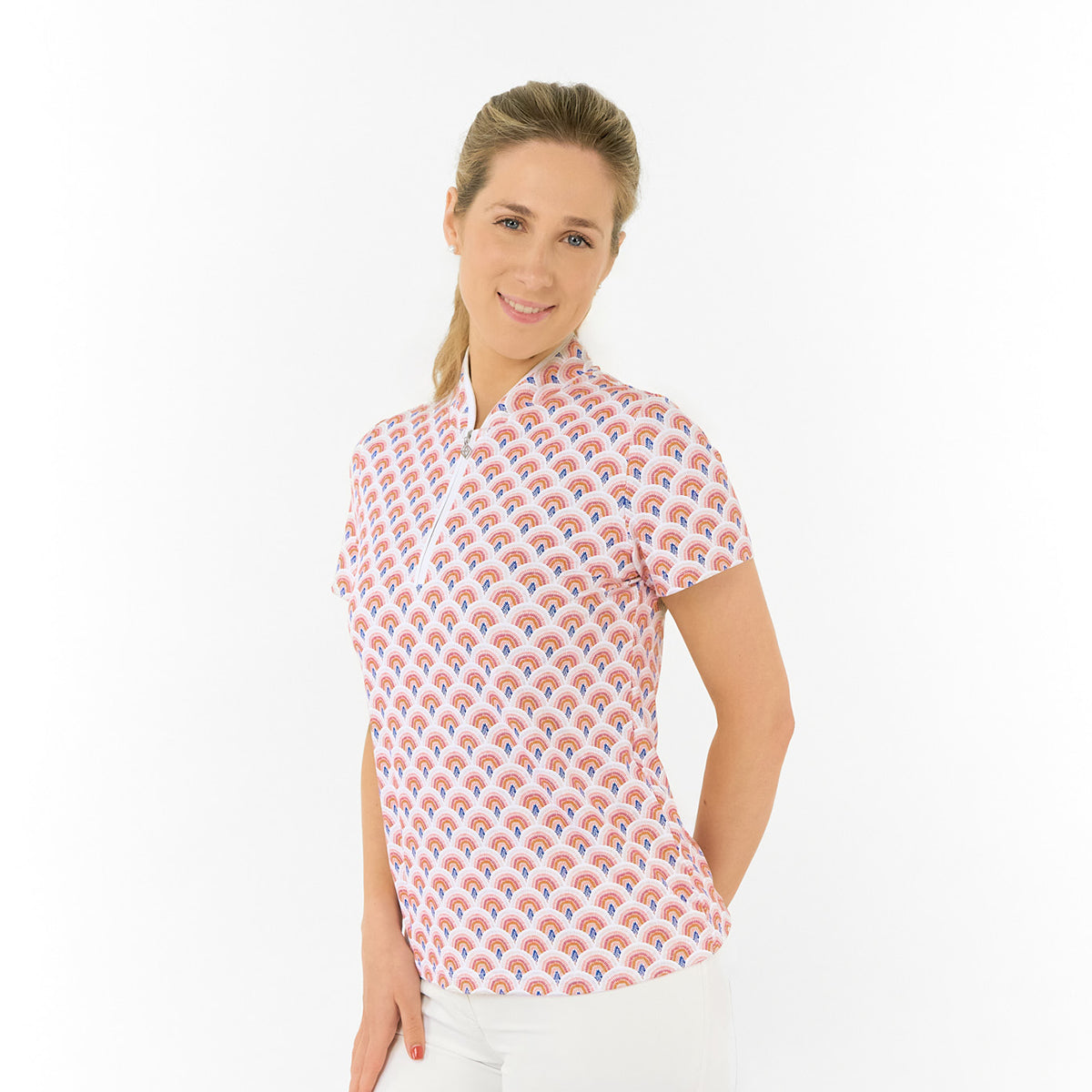 Pure Ladies Short Sleeve Polo in Rainbow Geo Print for Confident, Colourful Golfing