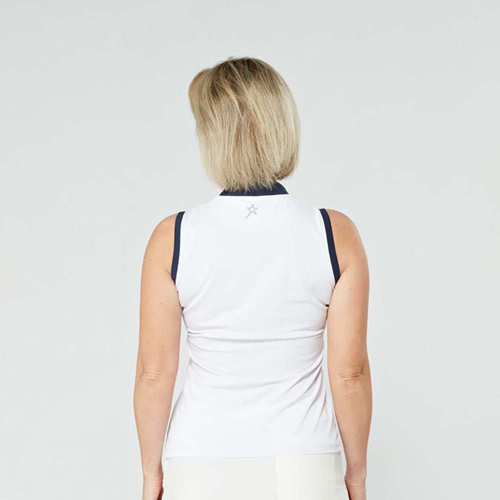 Swing Out Sister Ladies ELITE Sleeveless Polo in White with Navy Stripe