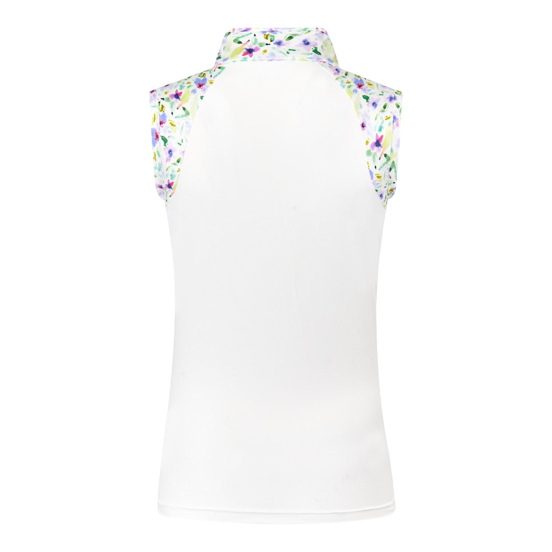 Pure Golf Sleeveless Polo with Ethereal Bouquet Print Panels & Zip Neck