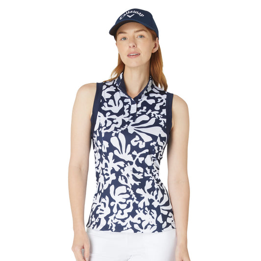 Callaway Womens Navy Abstract Floral Print Sleeveless Golf Polo 