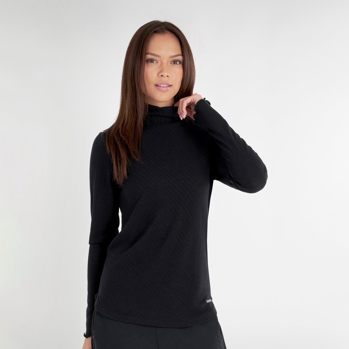 Green Lamb Womens Soft-Stretch Roll Neck in Black with Diagonal Rib Detail