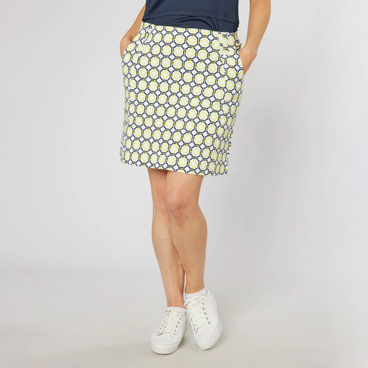 Swing Out Sister Ladies Pull-On Skort in Sunshine and Navy Mosaic Pattern