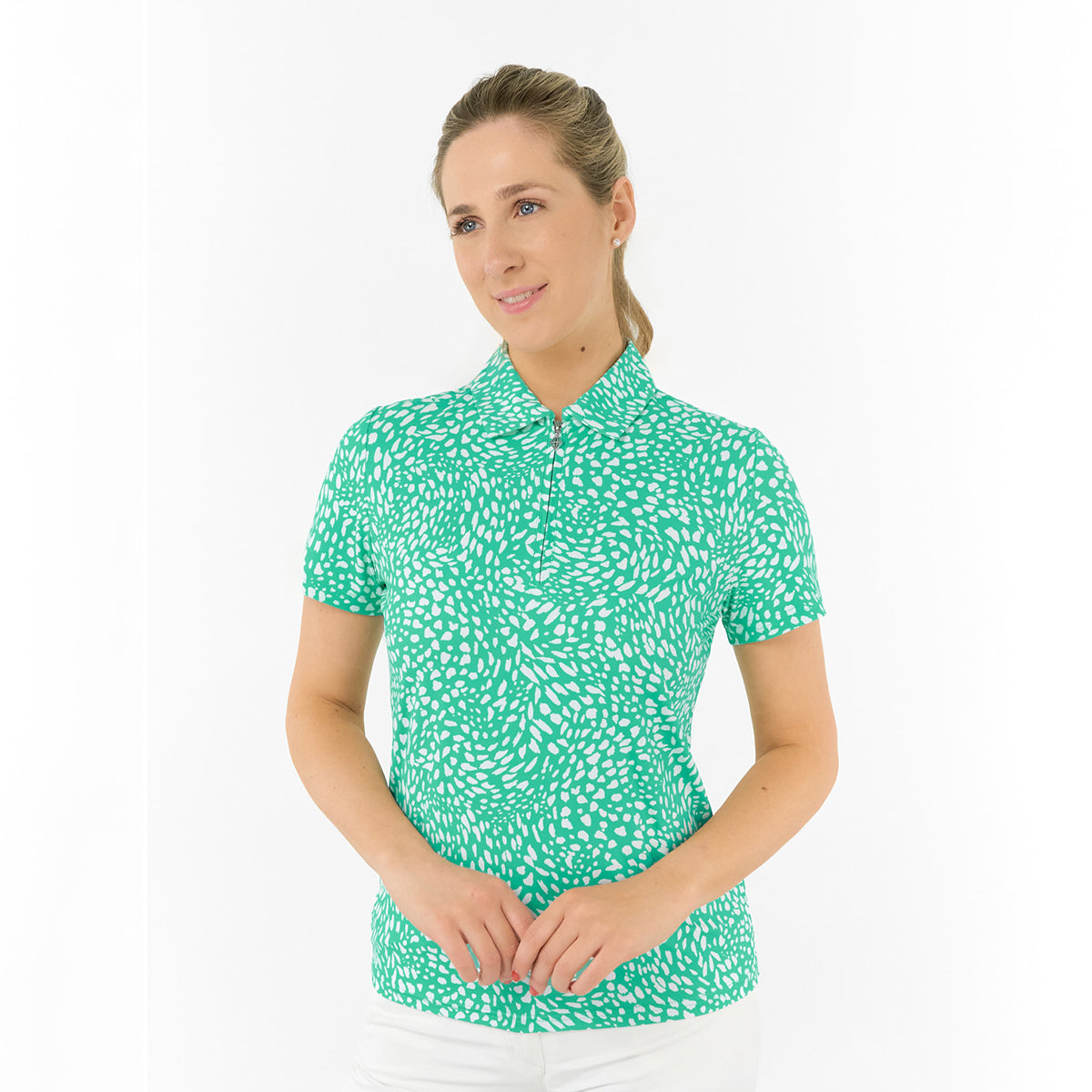Pure Golf Ladies Short Sleeve Polo in Abstract Print – Striking Print Meets Effortless Performance