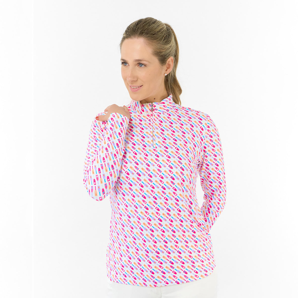 Pure Ladies Long Sleeve Top in Fun Bottle Print for Playful Style & All-Day Comfort