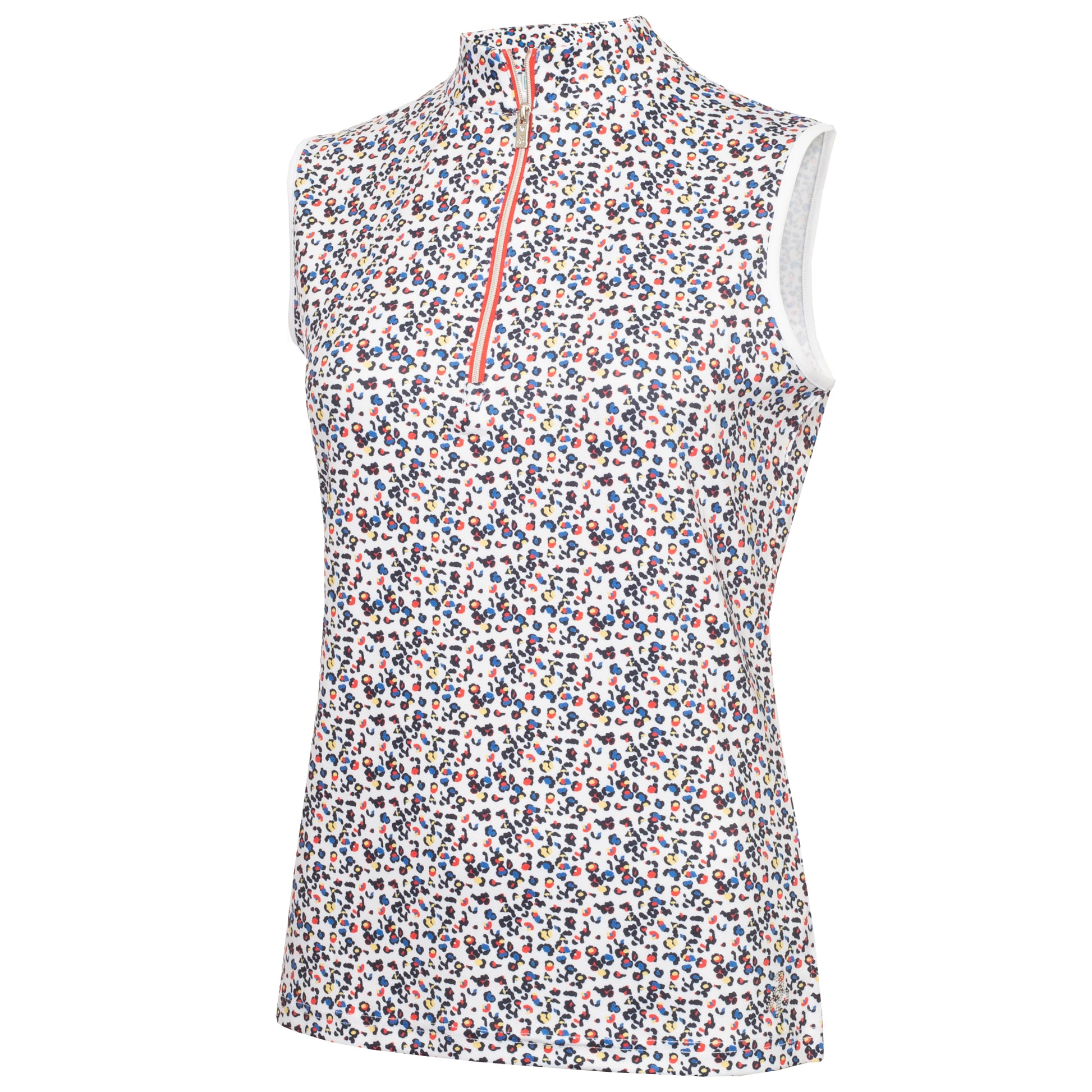 Green Lamb Ladies Multi Coloured Ditsy Print Sleeveless Polo with 1/4 Zip-Neck