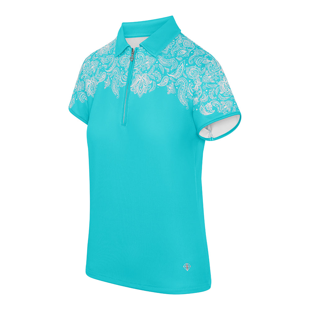 Pure Golf Ladies Cap Sleeve Zip-Neck Polo in Ocean Blue & Paisley Print