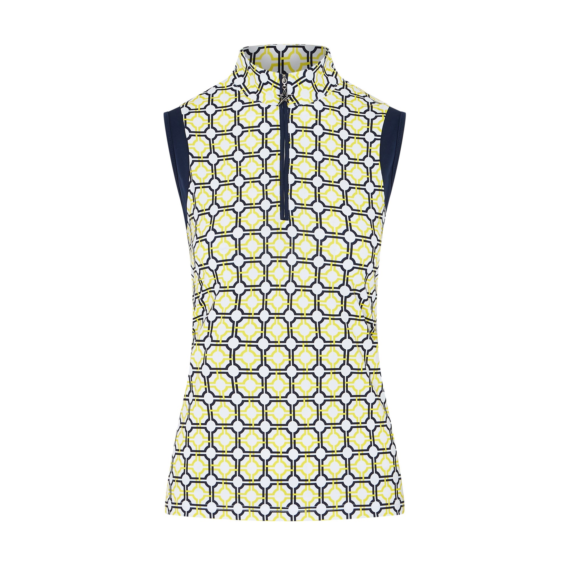 Swing Out Sister Women's Sleeveless Zip-Neck Polo in Sunshine and Navy Mosaic Pattern