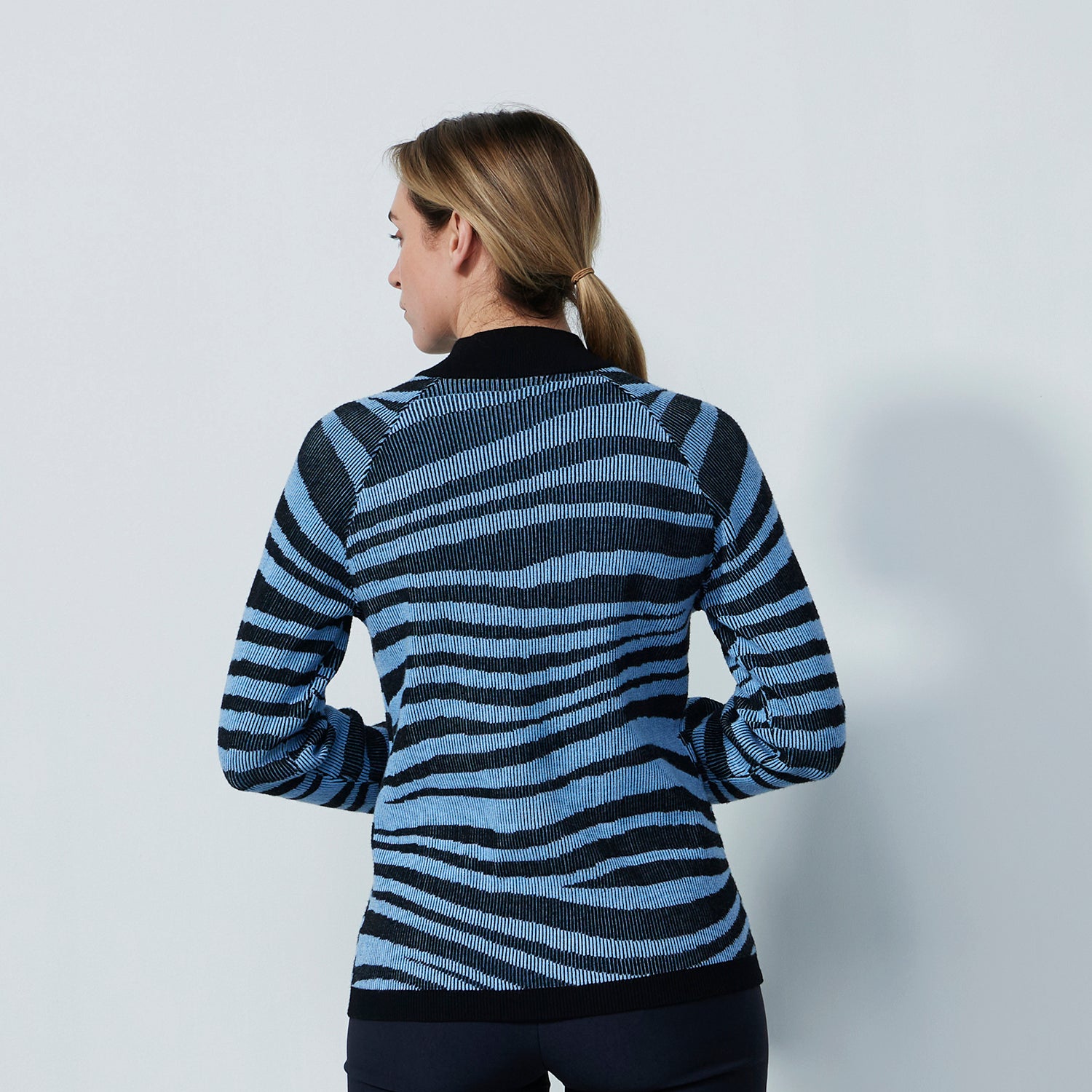 Daily Sports Ladies Zip-Neck Ribbed Knit Sweater with Zebra Stripes in Black