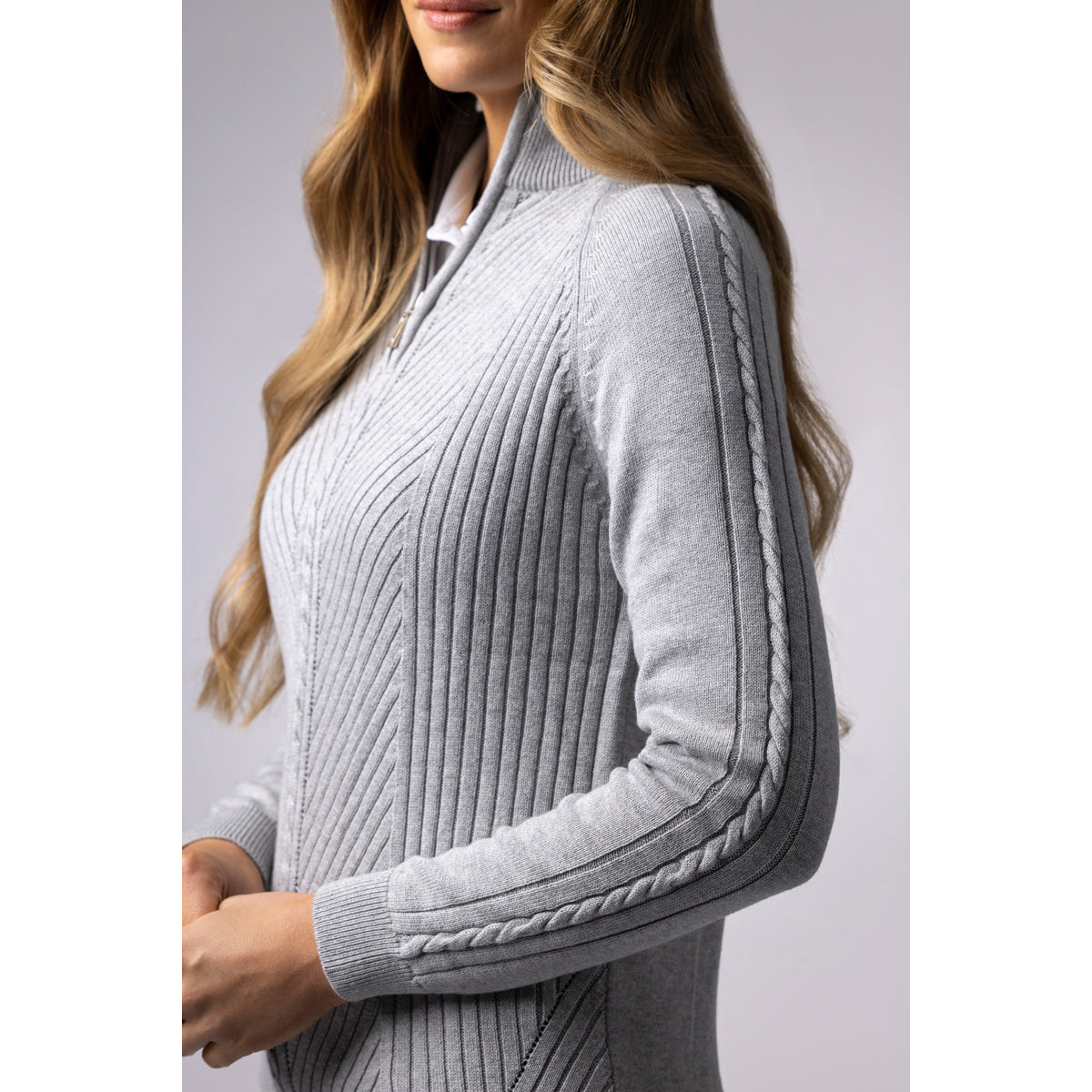 Glenmuir Ladies Rib & Cable Design Zip-Neck Sweater with Cashmere in Light Grey Marl