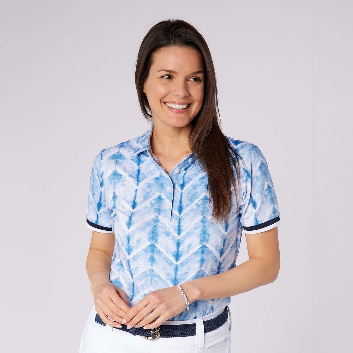 Swing Out Sister Ladies Ultra-Soft Short Sleeve Polo with Head Turning Print for All Day Style & Comfort
