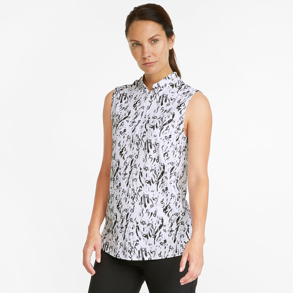 Puma Ladies Cloudspun Animal Print Sleeveless Polo in White & Black