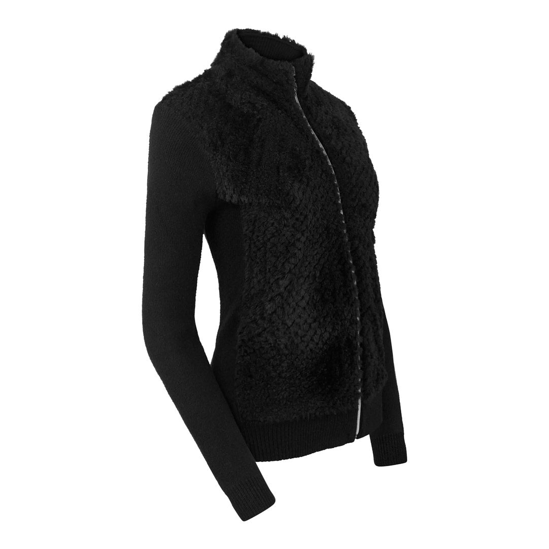 Pure Ladies Faux Fur Full-Zip Cardigan with Stretch Sleeves in Black