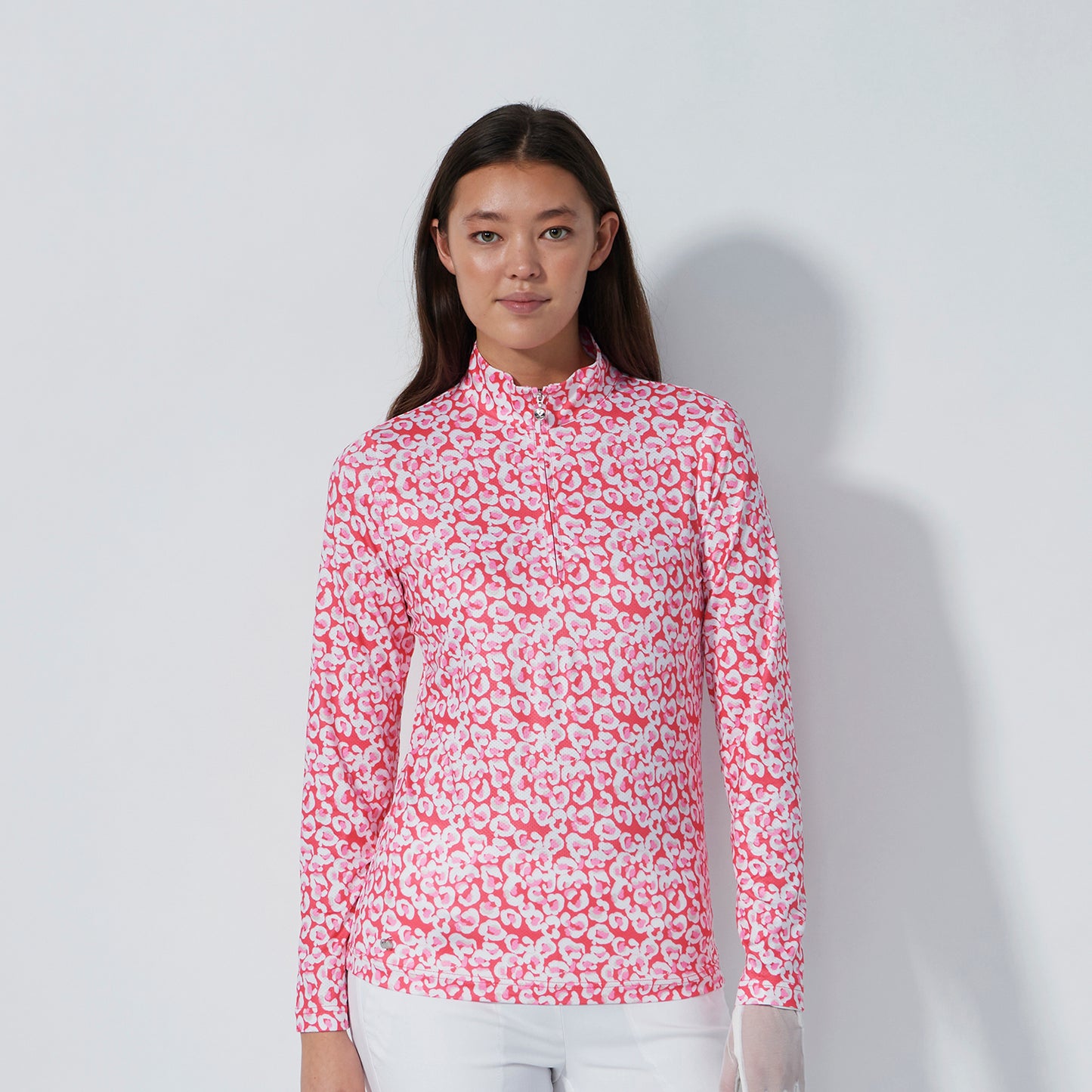 Daily Sports Ladies Long Sleeve Half Zip Top in Coral Leopard Print 