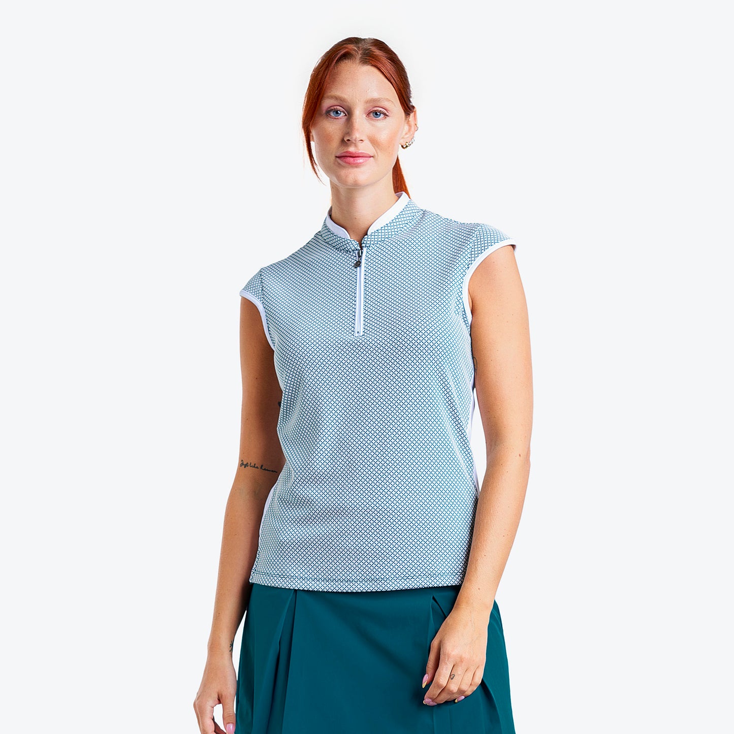 Nivo Ladies Sleeveless Mock in Legion Blue with Cross Stitch Pattern