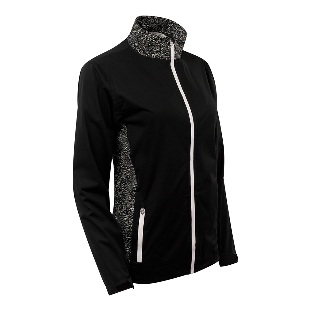 Pure Golf Ladies Lightweight Waterproof Jacket in Black and Cheetah Print