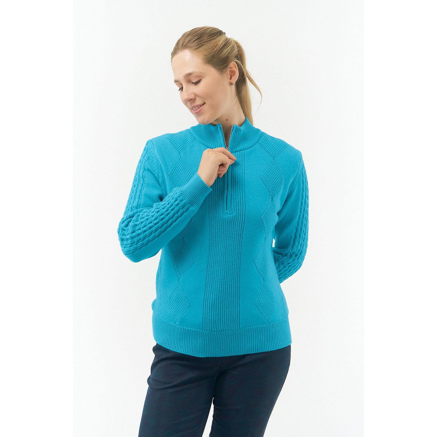 Pure Ladies Cable Knit Lined Quarter Zip Sweater in Tourmaline Blue