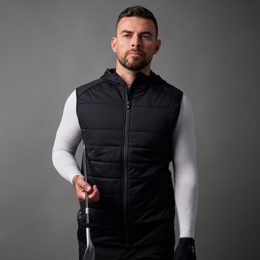Sunderland Mens Thermal Hooded Gilet with Contrast Stretch Side Panels and a Water Repellent Finish in Black