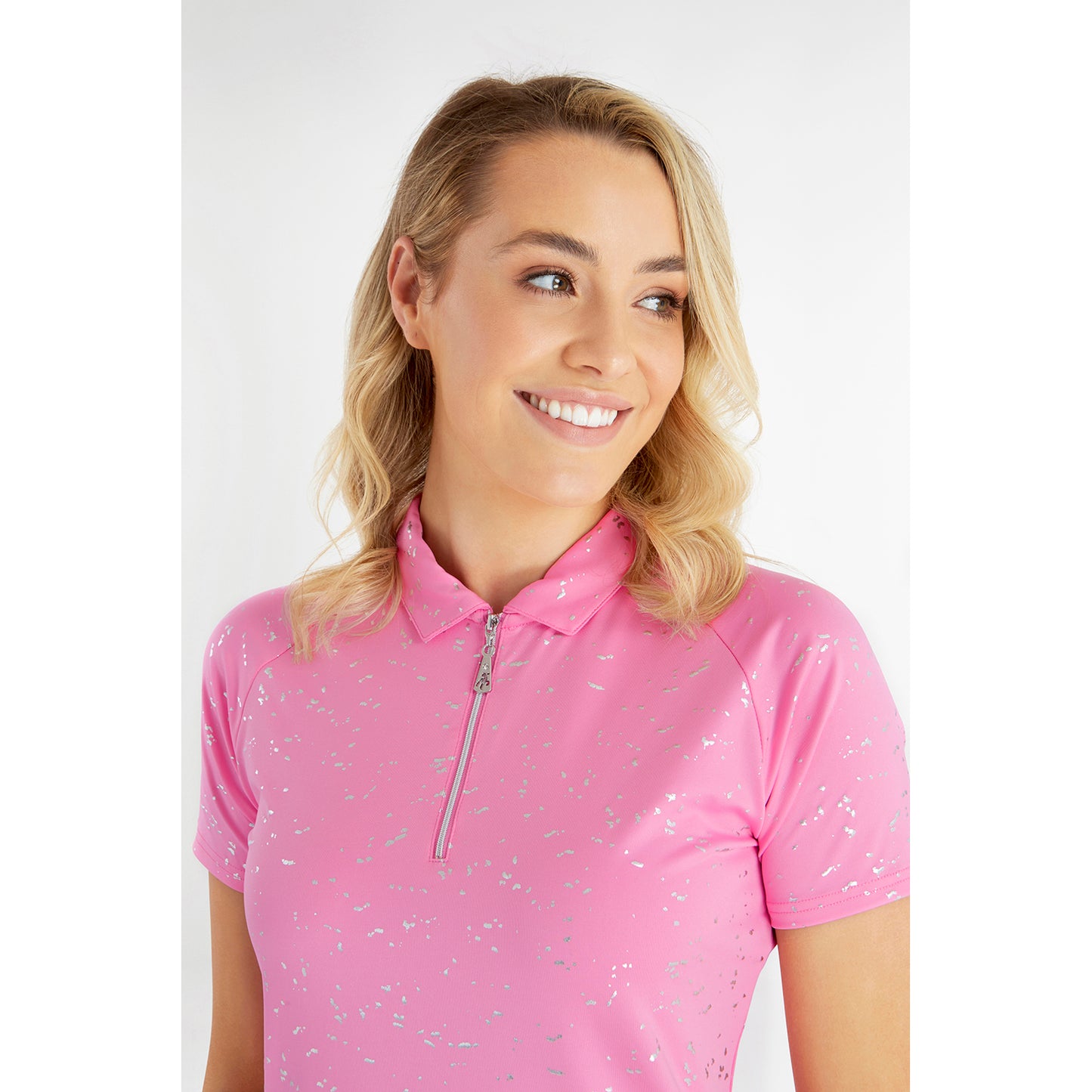 Green Lamb Ladies Zip-Neck Short Sleeve Polo Shirt with Silver Foil Print in Candy