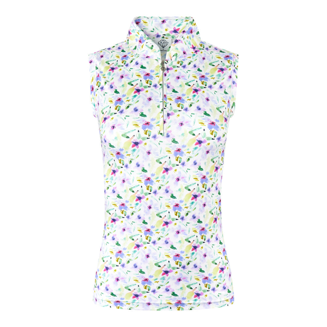 Pure Ladies Sleeveless Zip Neck Golf Top in Ethereal Bouquet Print